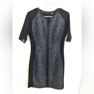 Elie Tahari tweed navy black dress with front full zipper 3/4 sleeves 6 office